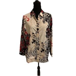 Chicos Size 3 Womens XL No Iron Button Top Long Sleeve Red Beige 100% Cotton
